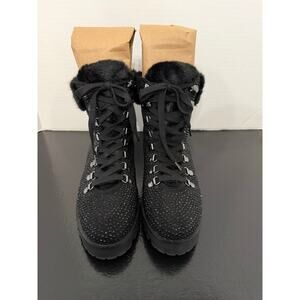 Express Black Studded Faux Fur Lace-Up Combat Boots NEW Women’s Size 9 Lug Sole